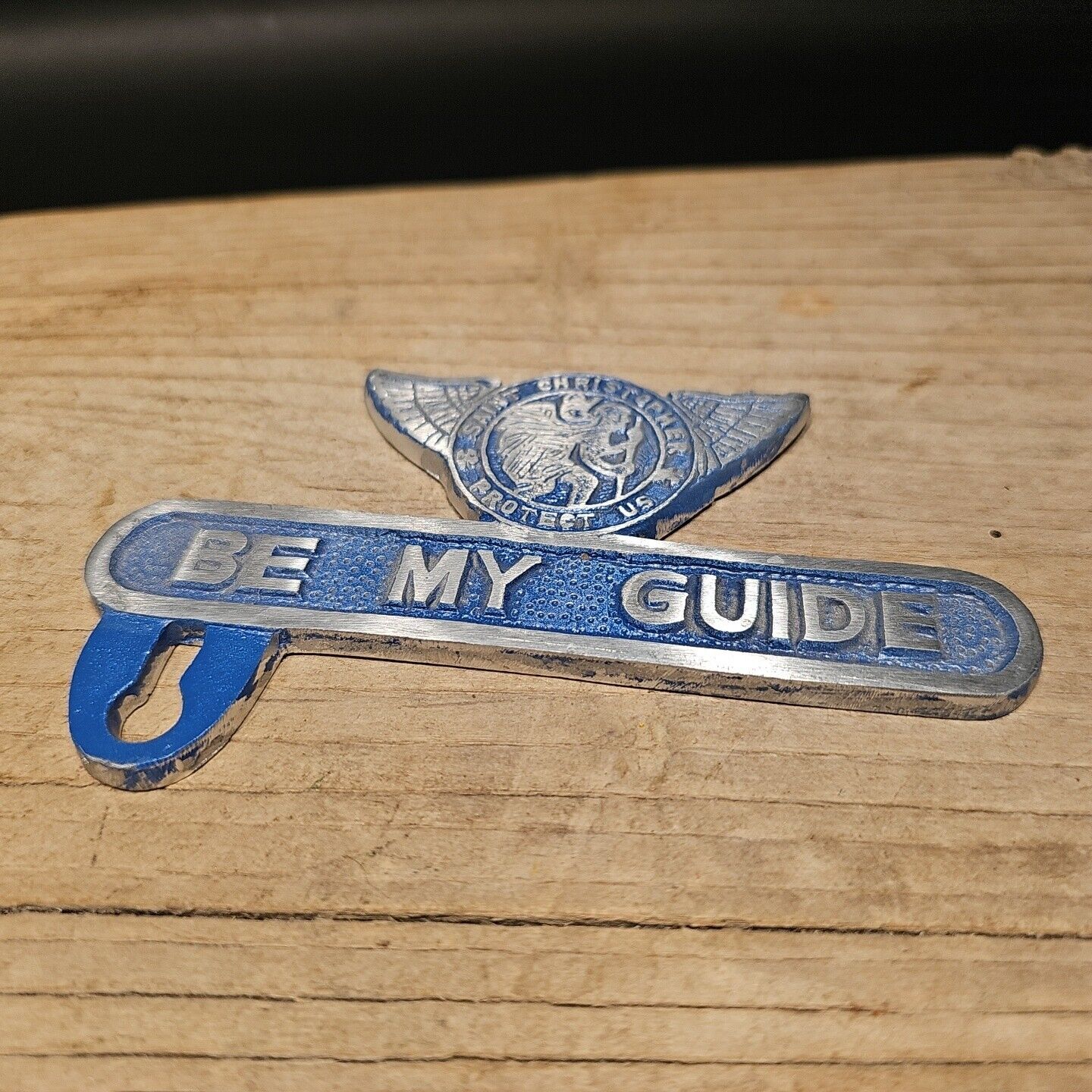 Antique Vintage Style Aluminum St. Christopher Plate Fob Topper