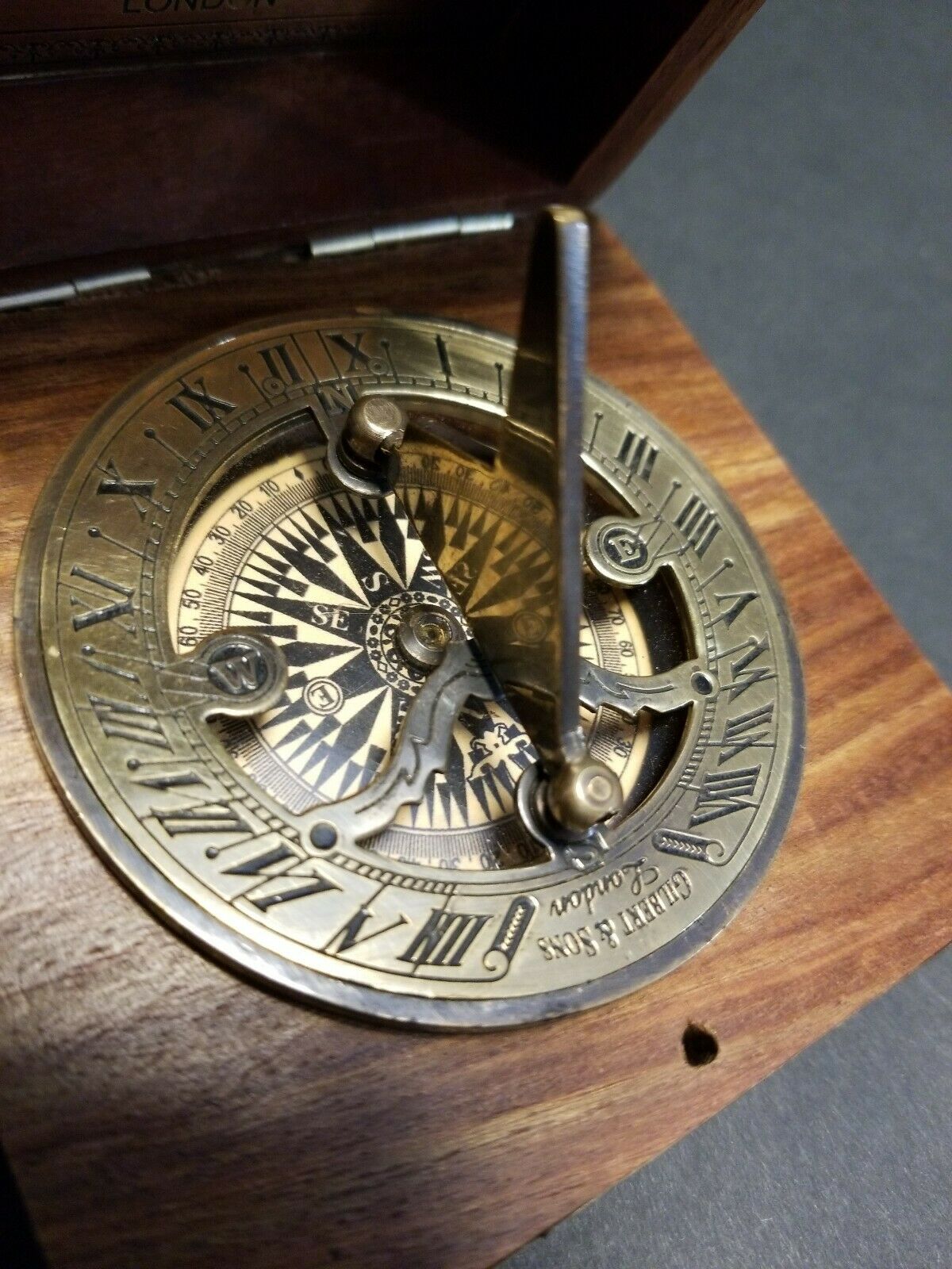 Antique Vintage Style Wood Brass Sundial Compass - Early Home Decor