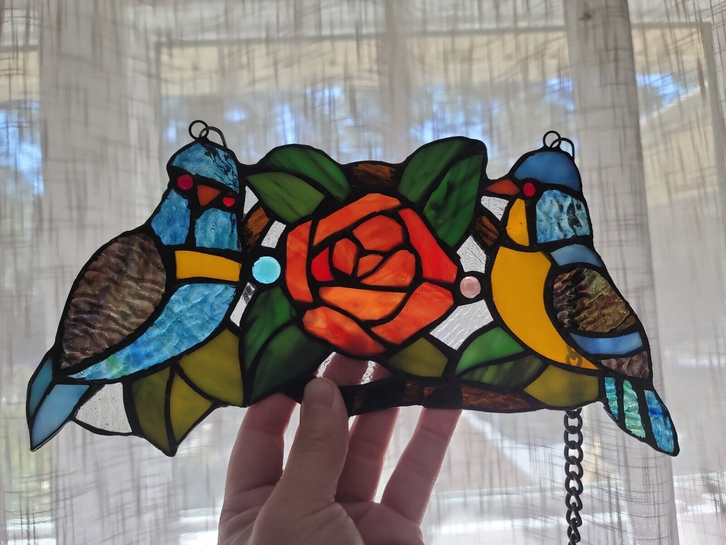 Antique Vintage Style Bird Rose Stained Glass Window Hanging Panel Suncatcher