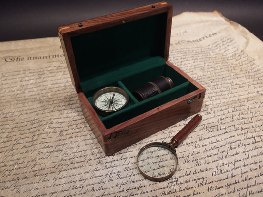Vintage Antique Style Map Magnifying Glass Compass Telescope Box Field Kit
