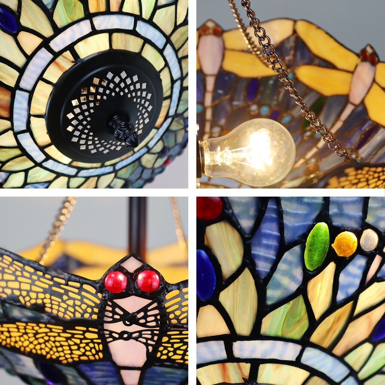 16" Dragonfly Stained Glass Semi Flush Ceiling Uplight