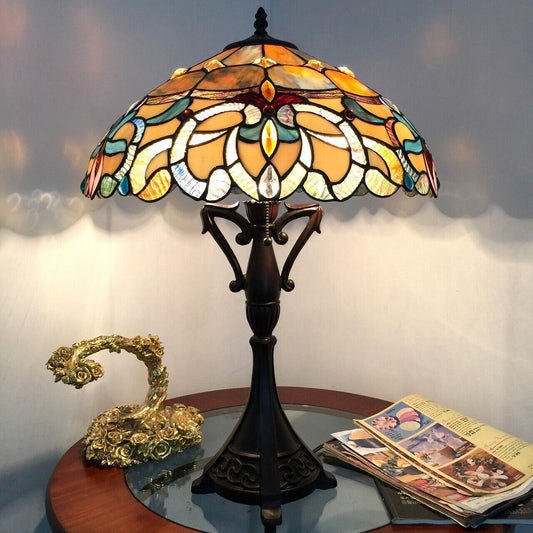 Tiffany Style Table Lamp Handcrafted Bronze Stained Glass Double Light