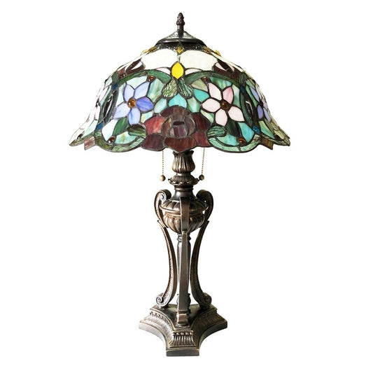 26" Antique Vintage Style Stained Glass Rose Floral Table Lamp