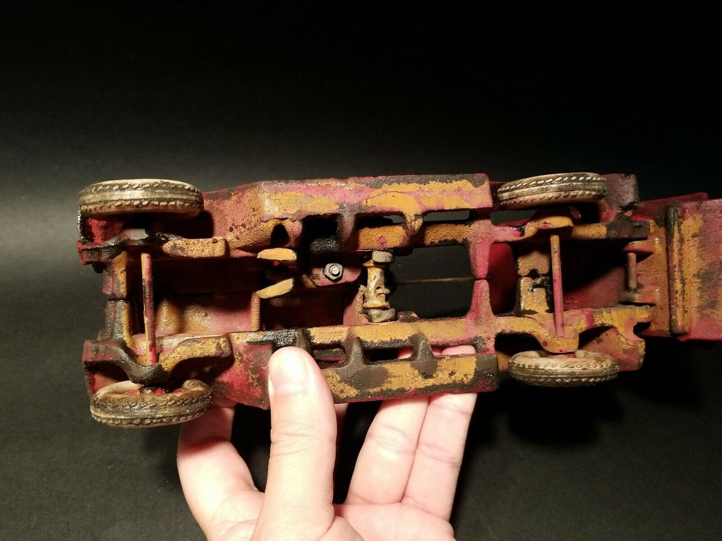 Antique Vintage Style Cast Iron Red Dump Truck Flat bed Car Rubber Wheels