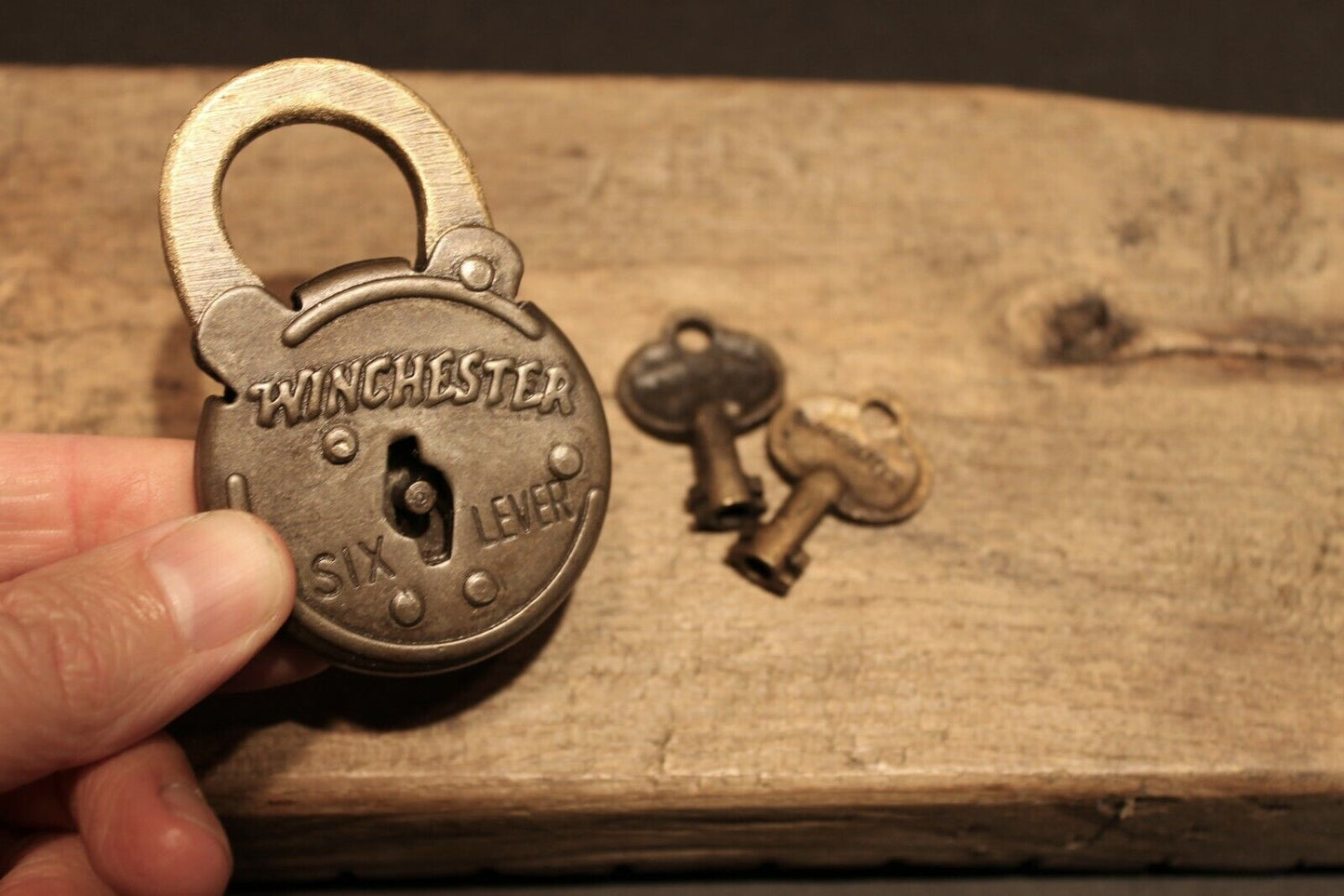 Antique Vintage Style Cast Iron Winchester Firearms Ammo Box Padlock Lock & Key