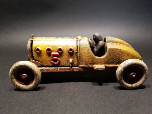 Antique Vintage Style Yellow Cast Iron #5 Toy Race Car w Lifting Hood