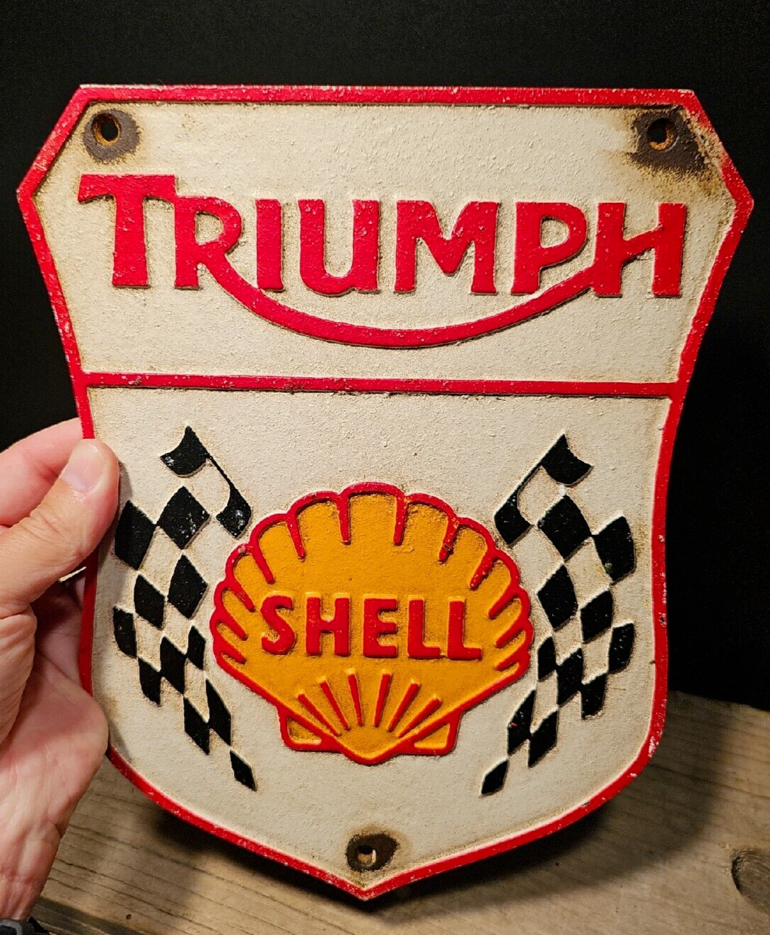 Antique Vintage Style Cast Iron Triumph Shell Gas Oil Sign Plaque