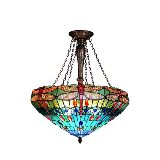 24" Wide Stained Glass Dragonfly Inverted Pendant Ceiling Light