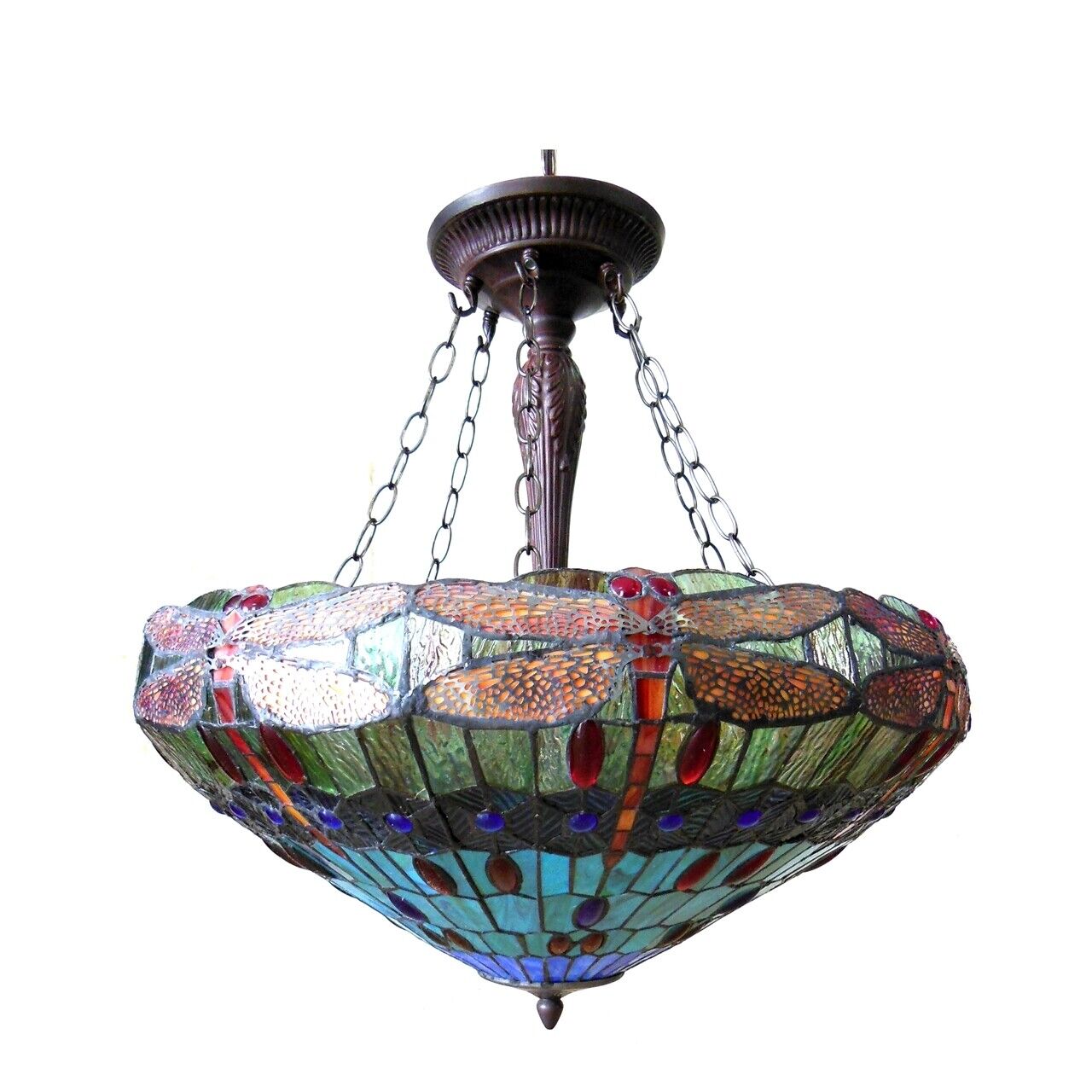 24" Wide Stained Glass Dragonfly Inverted Pendant Ceiling Light