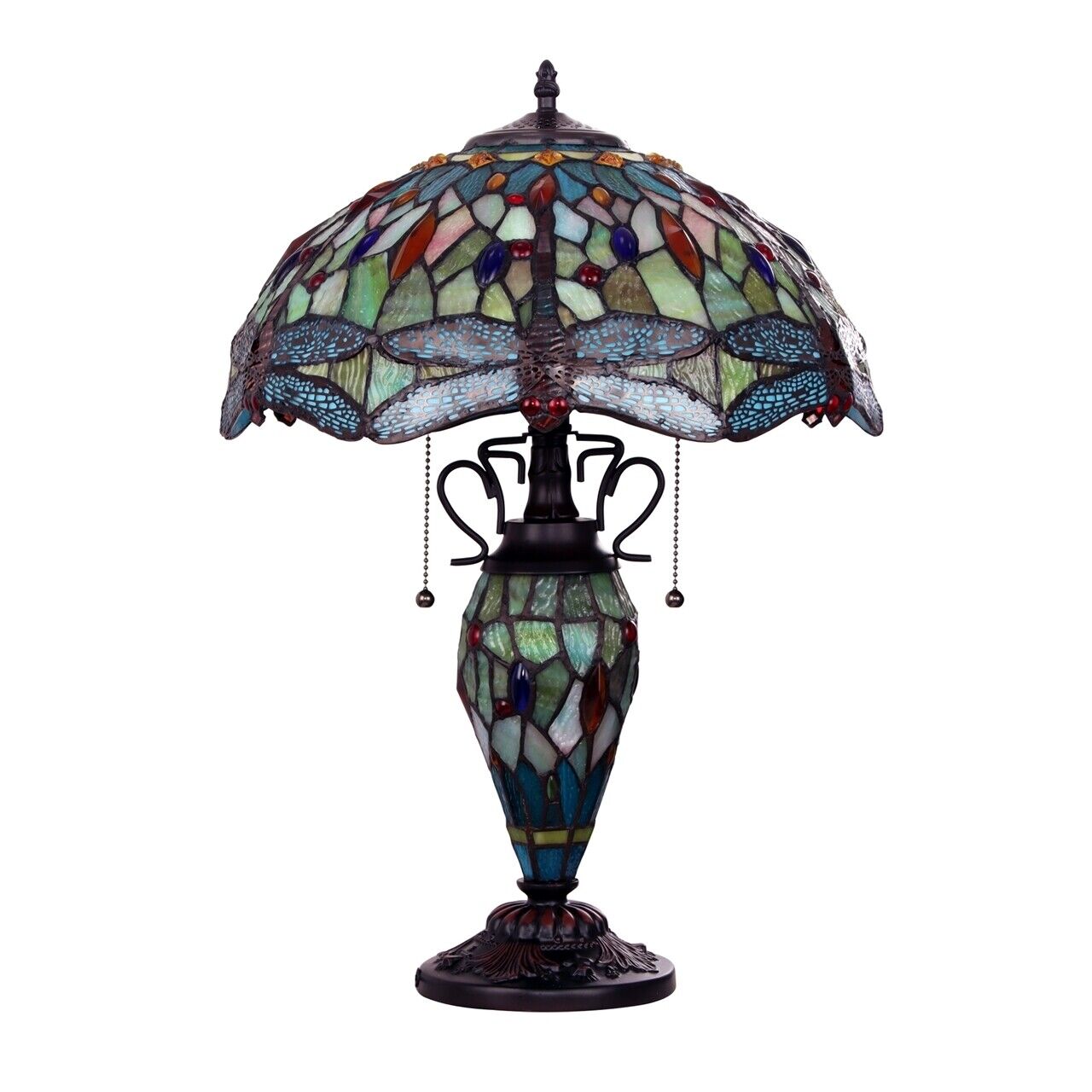 23" Antique Vintage Style Stained Glass Dragonfly Lighted Base Table Lamp