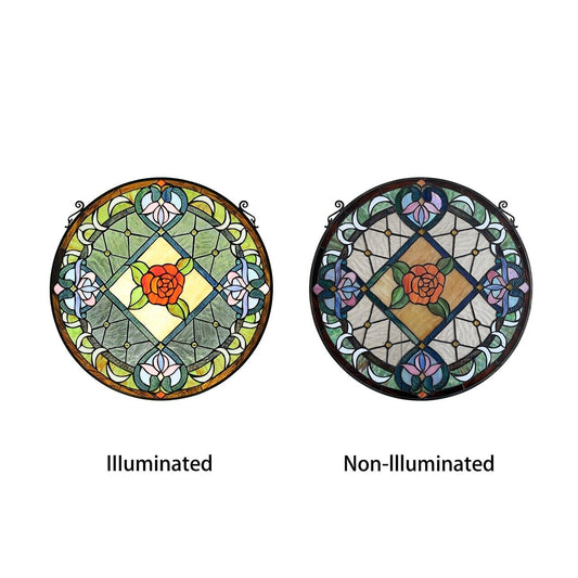 Antique Vintage Style 23" Round Stained Glass Window Hanging Panel Suncatcher