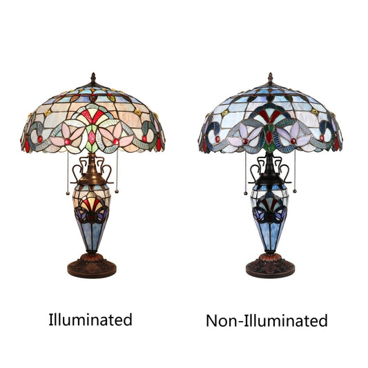 25" Antique Vintage Style Stained Glass Lighted Base Table Lamp
