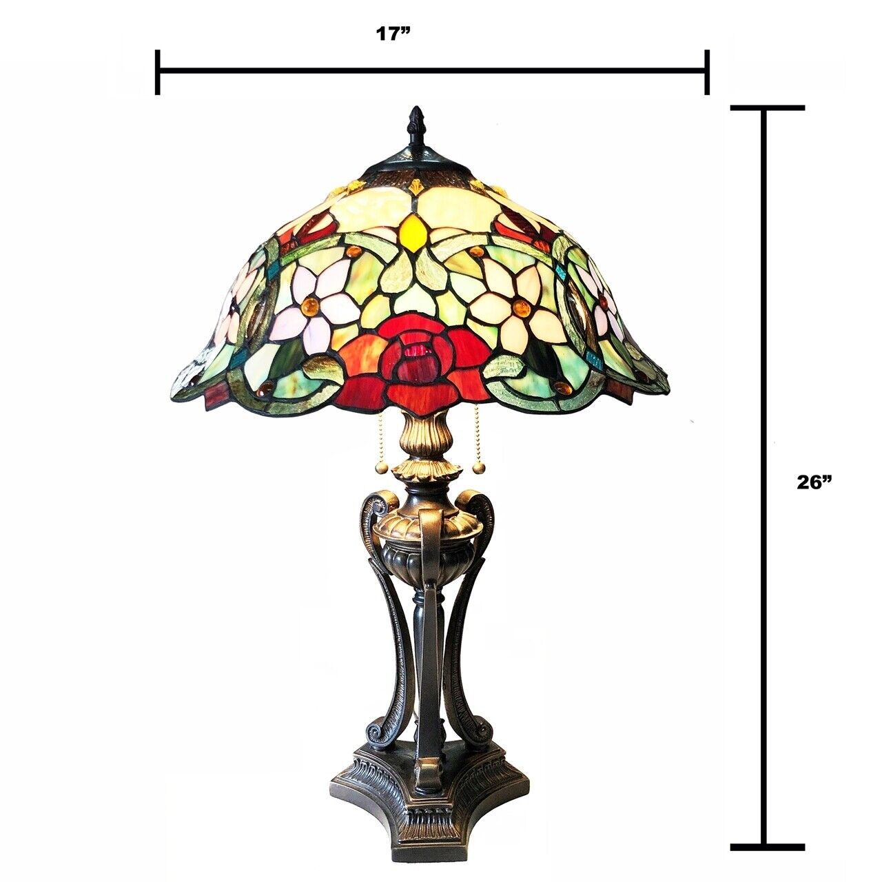 26" Antique Vintage Style Stained Glass Rose Floral Table Lamp