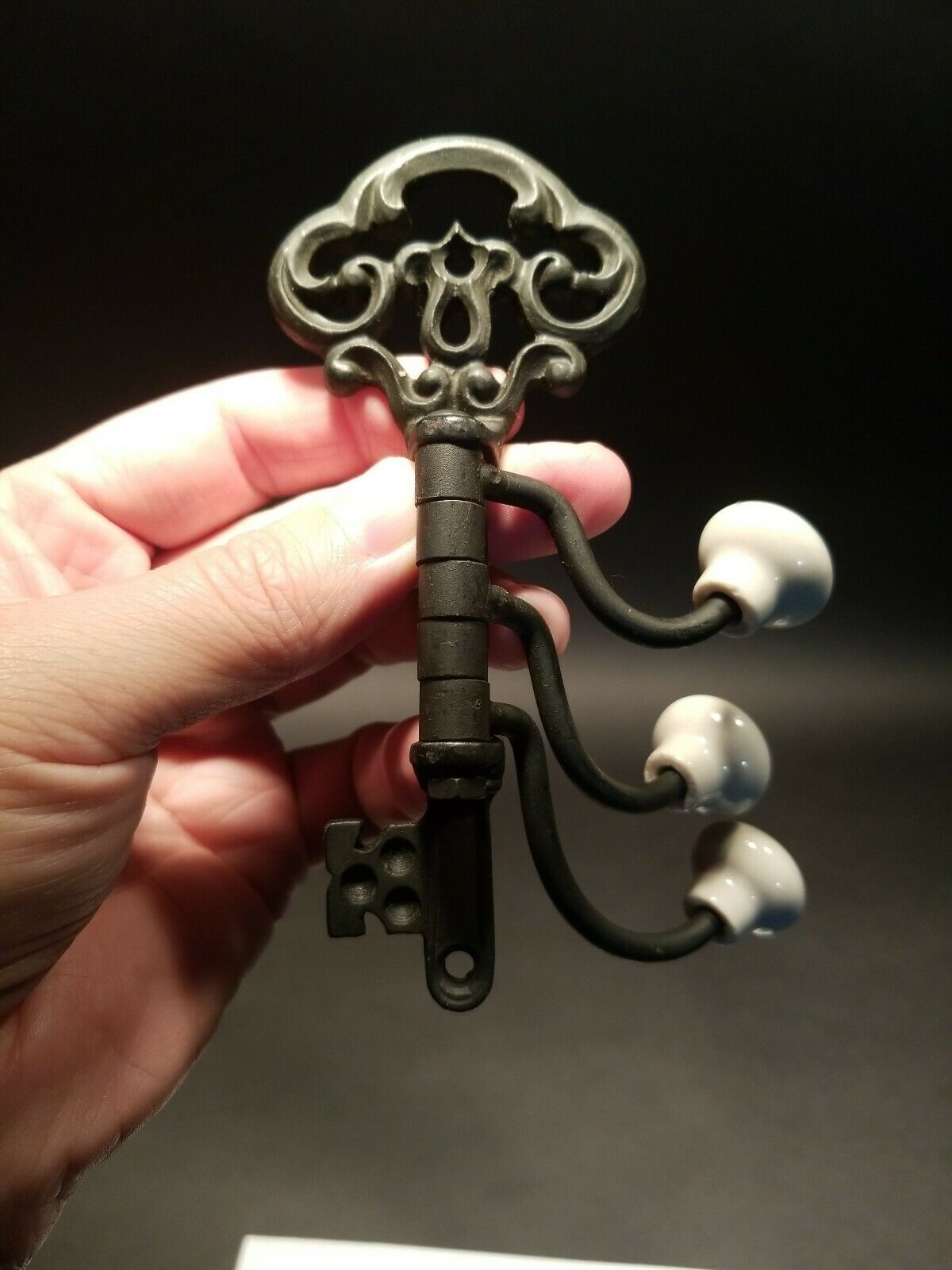 Antique Vintage Style Cast Iron Key Swivel Hook W Porcelain Knobs - Early Home Decor