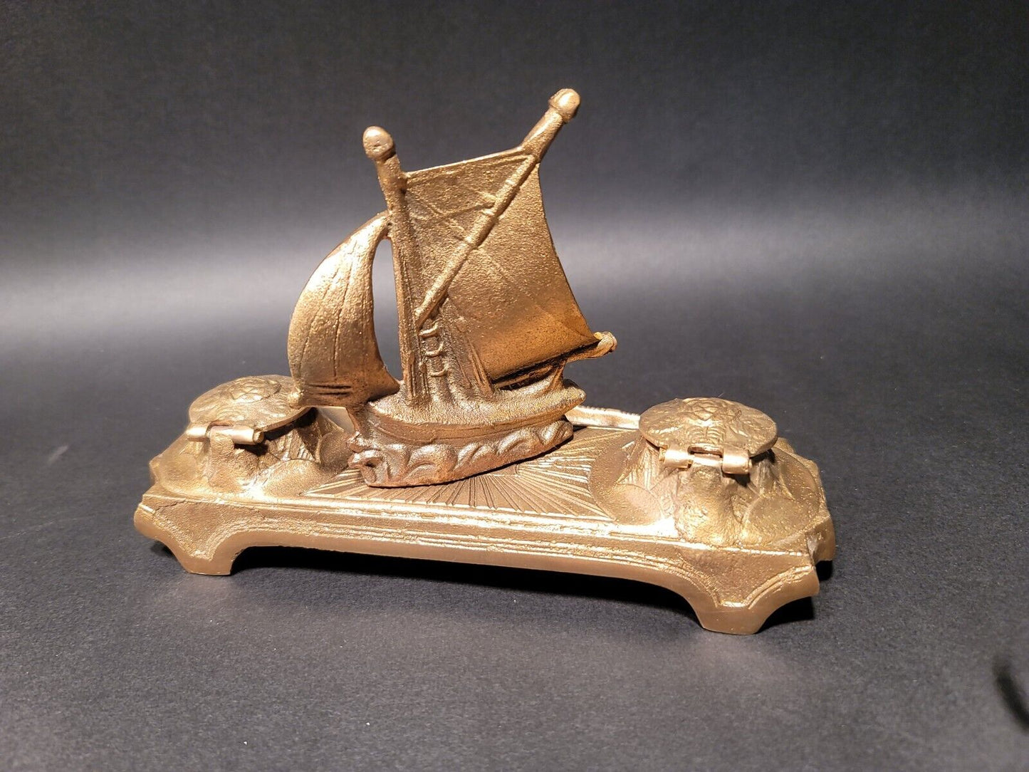 Vintage Antique Style Brass Sailboat Double inkwell Desk Set