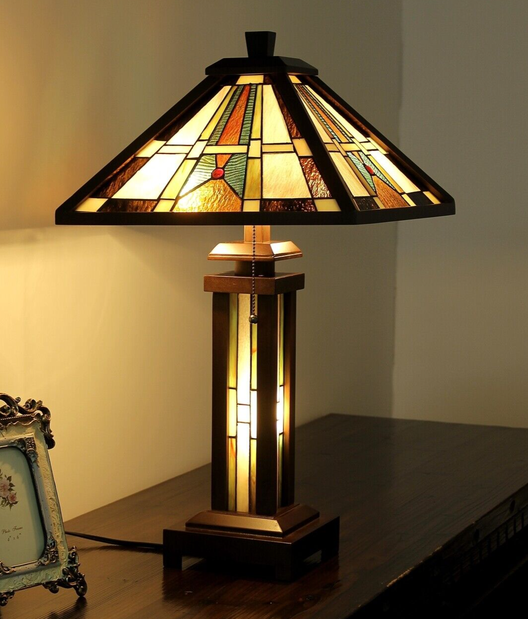 25.6  3 light Stained Glass Wood Mission Table Lamp