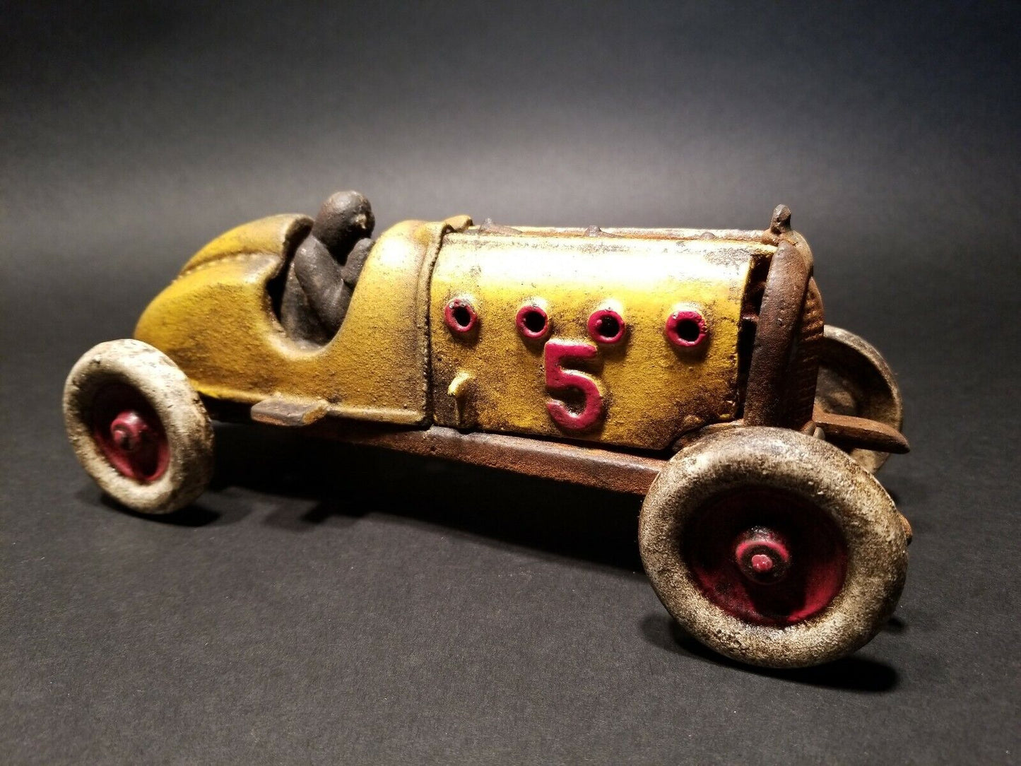 Antique Vintage Style Yellow Cast Iron #5 Toy Race Car w Lifting Hood