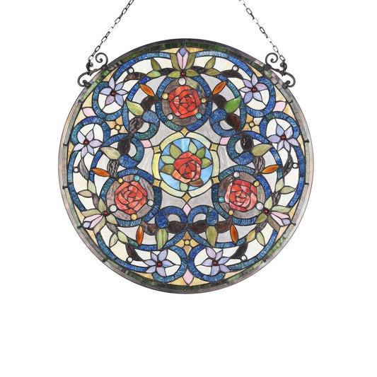 23.9" Round Floral Stained Glass Window Hanging Panel Suncatcher