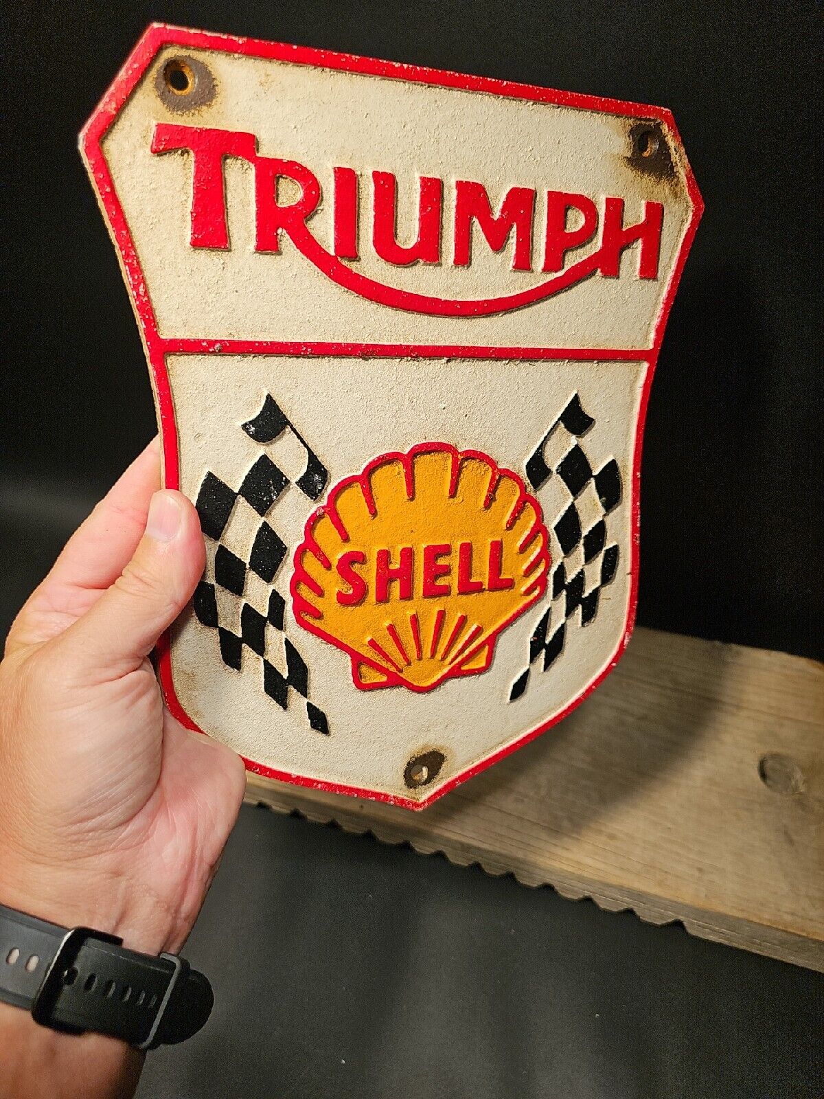 Antique Vintage Style Cast Iron Triumph Shell Gas Oil Sign Plaque