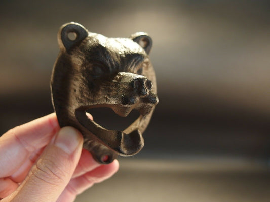 Antique Vintage Style Cast Iron Wall Mount Figural Bear Beer Bottle Opener - Early Home Decor