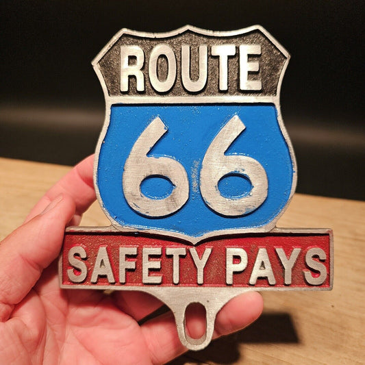 Antique Vintage Style Aluminum Route 66 Safety License Plate Fob Topper