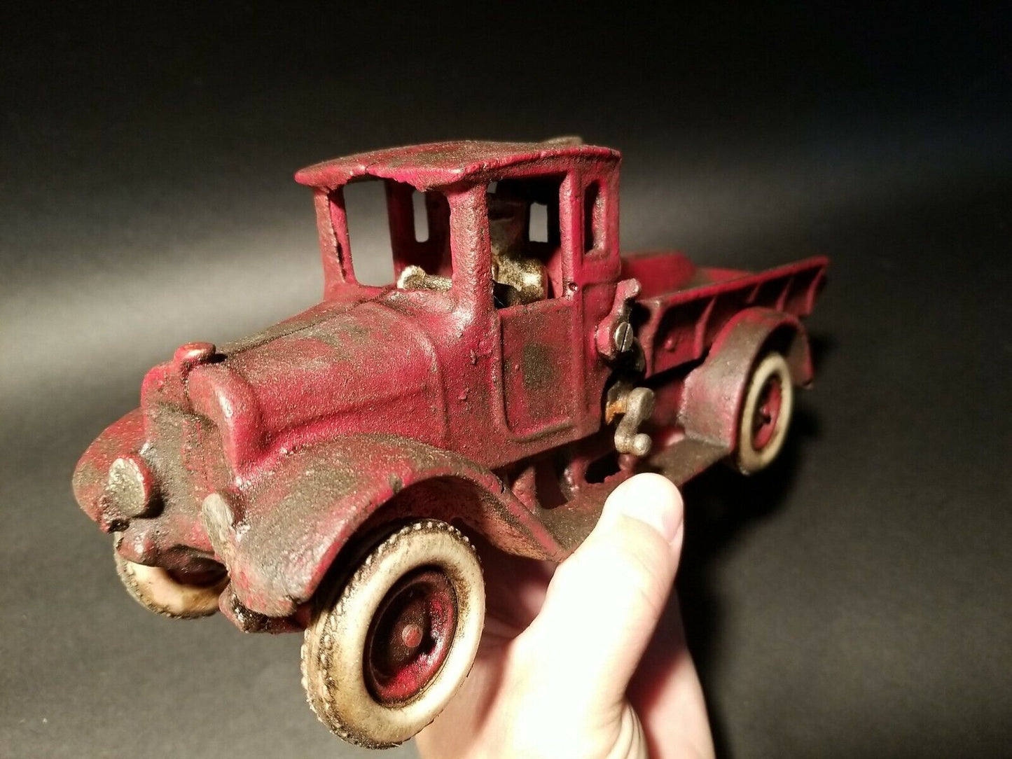 Antique Vintage Style Cast Iron Red Dump Truck Flat bed Car Rubber Wheels