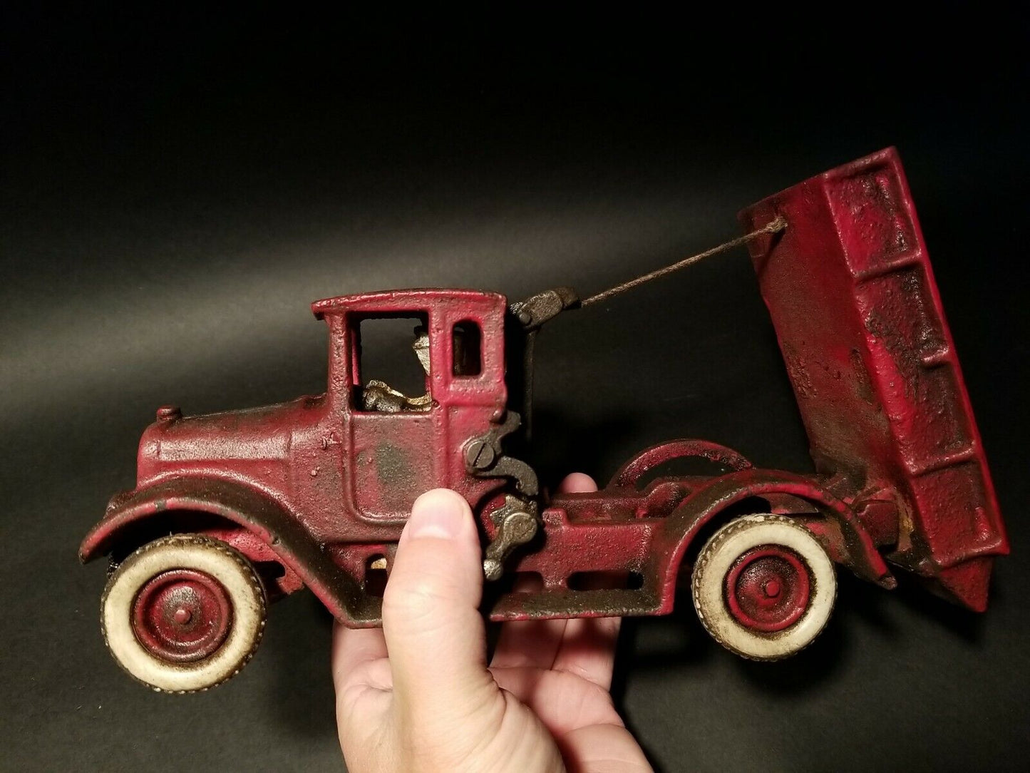 Antique Vintage Style Cast Iron Red Dump Truck Flat bed Car Rubber Wheels