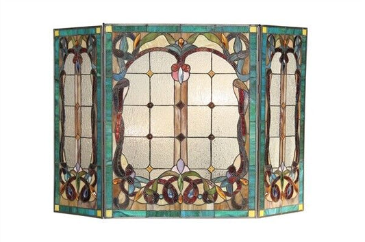 44" Folding Stained Glass Fireplace Screen