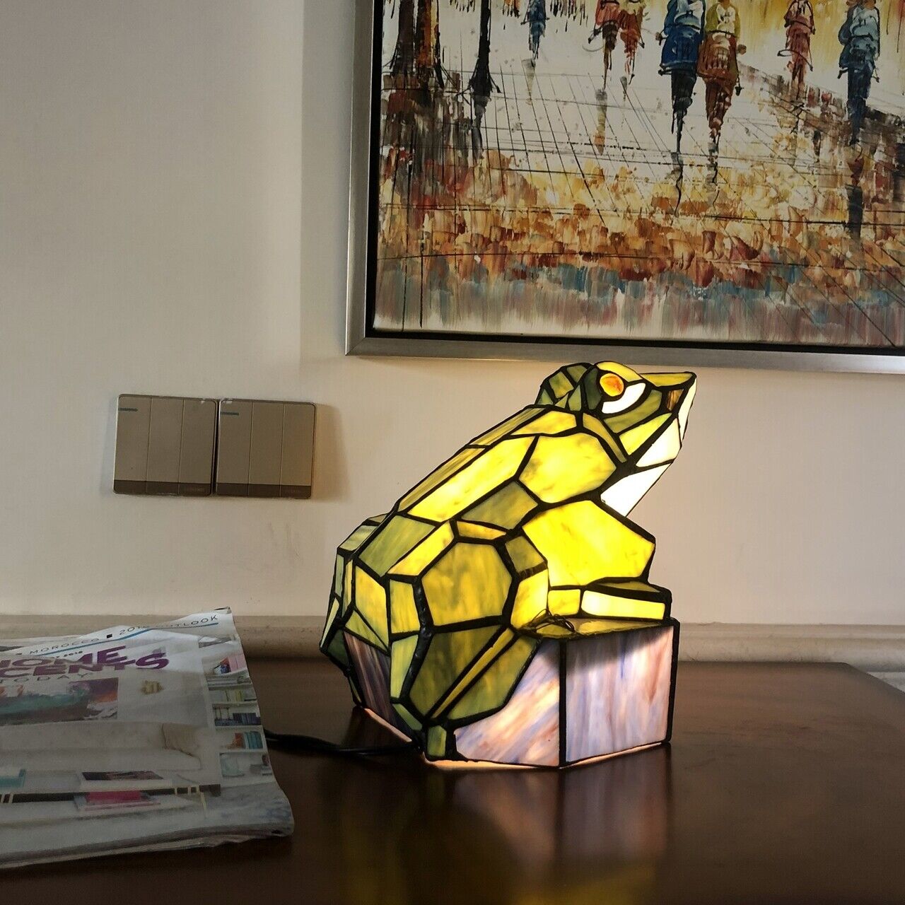 13" Green Stained Glass Frog Accent light Lamp