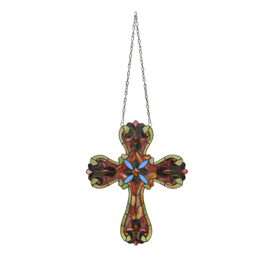 20" Antique Vintage Style Stained Glass Cross Window Hanging Panel Suncatcher