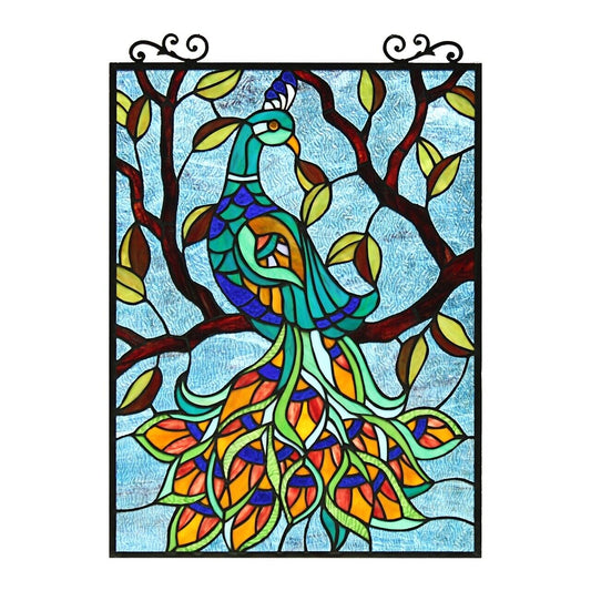 25.2" Antique Vintage Style Peacock Stained Glass Window Hanging Suncatcher
