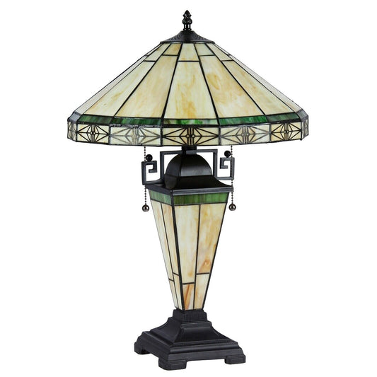 23.4" 3 light Antique Vintage Style Stained Glass Wood Mission Table Lamp