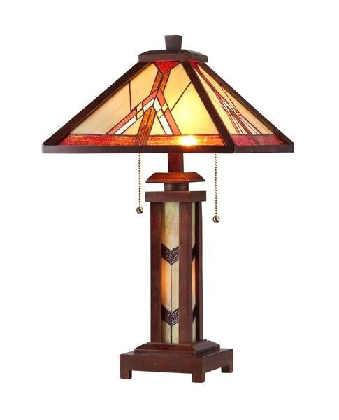 25.6 3 light Antique Vintage Style Stained Glass Wood Mission Table Lamp
