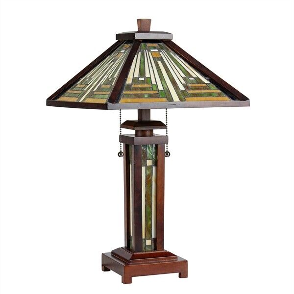 25.6" 3 light Antique Vintage Style Stained Glass Mission Table Lamp