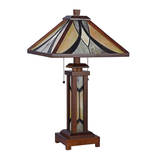 25.6 3 light Antique Vintage Style Stained Glass Wood Mission Table Lamp