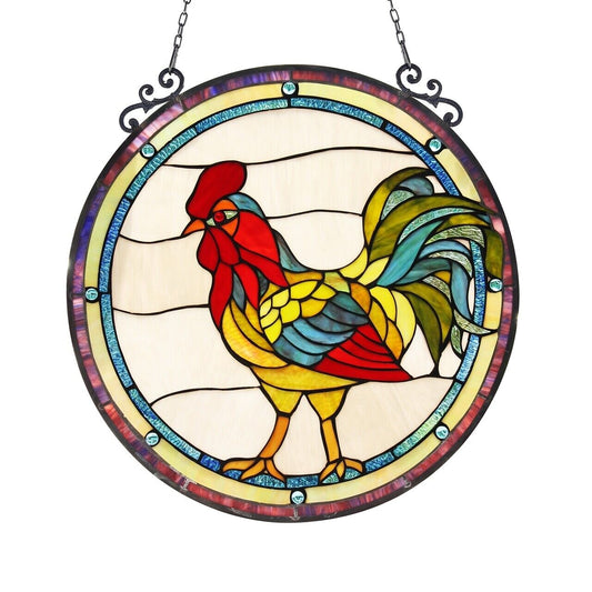 23.5" Round Rooster Stained Glass Window Hanging Panel Suncatcher