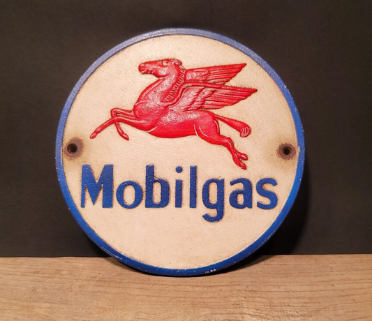 Antique Vintage Style Cast Iron Round Mobile Gas Oil Sign Plaque