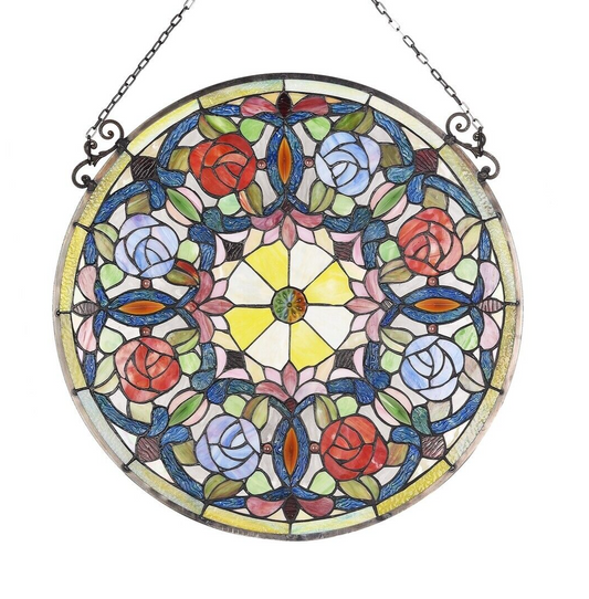 23.4" Round Floral Stained Glass Window Hanging Panel Suncatcher