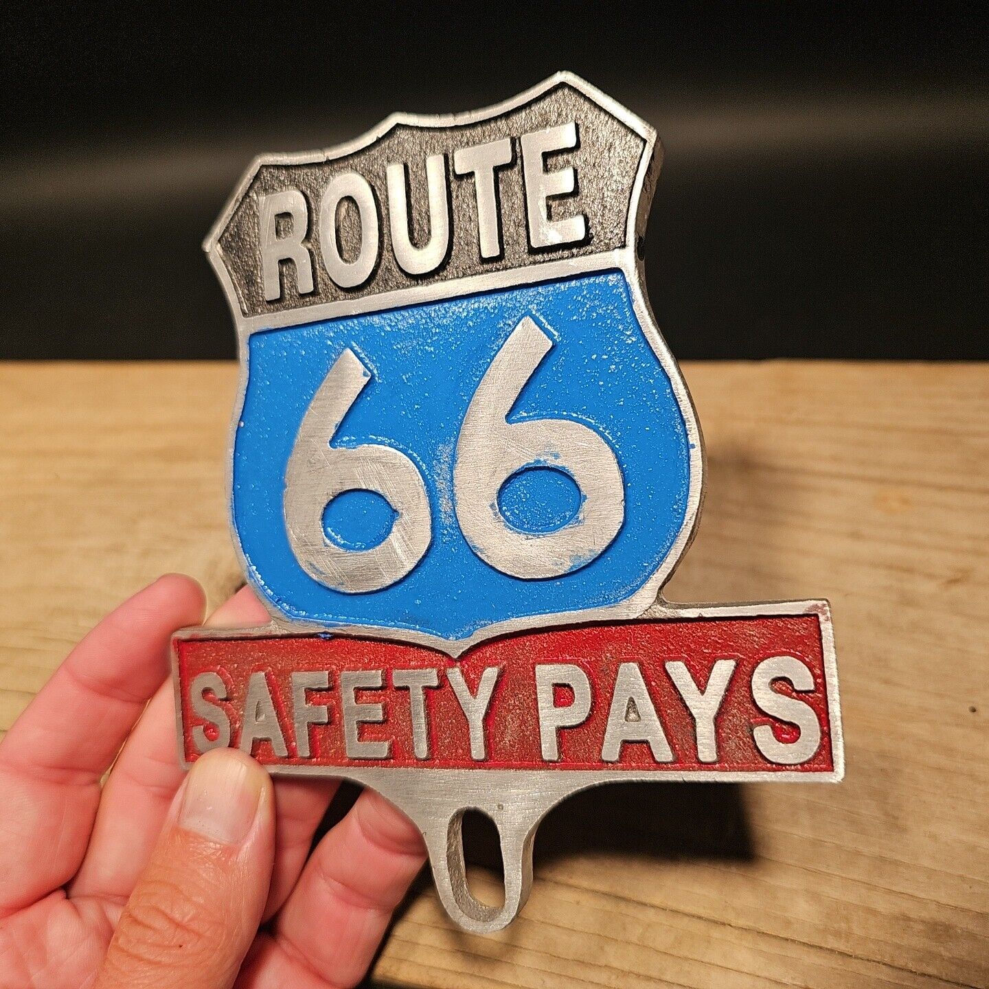 Antique Vintage Style Aluminum Route 66 Safety License Plate Fob Topper