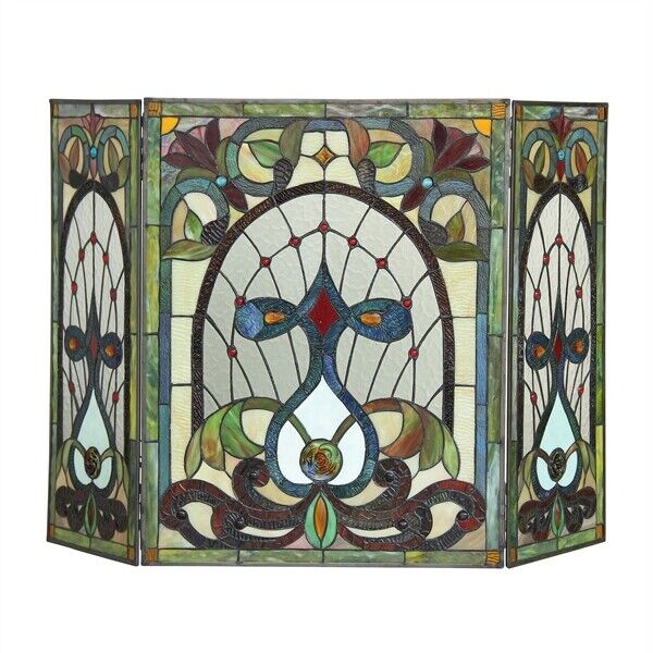 44" Folding Stained Glass Fireplace Screen