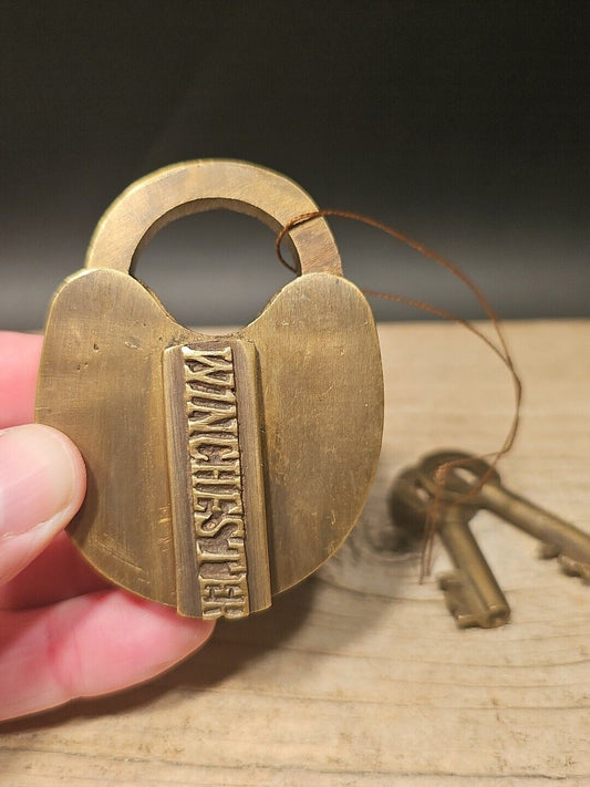 Antique Vintage Style Brass Winchester Firearms Ammo Box Padlock Lock & Key