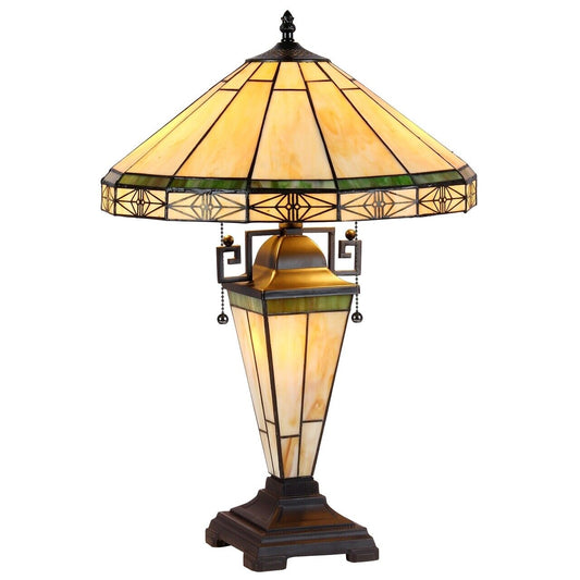 23.4"  3 light Antique Vintage Style Stained Glass Wood Mission Table Lamp