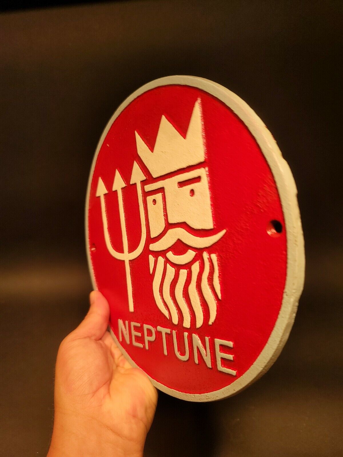 Cast Iron Round Red Neptune Gas Oil Sign Plaque