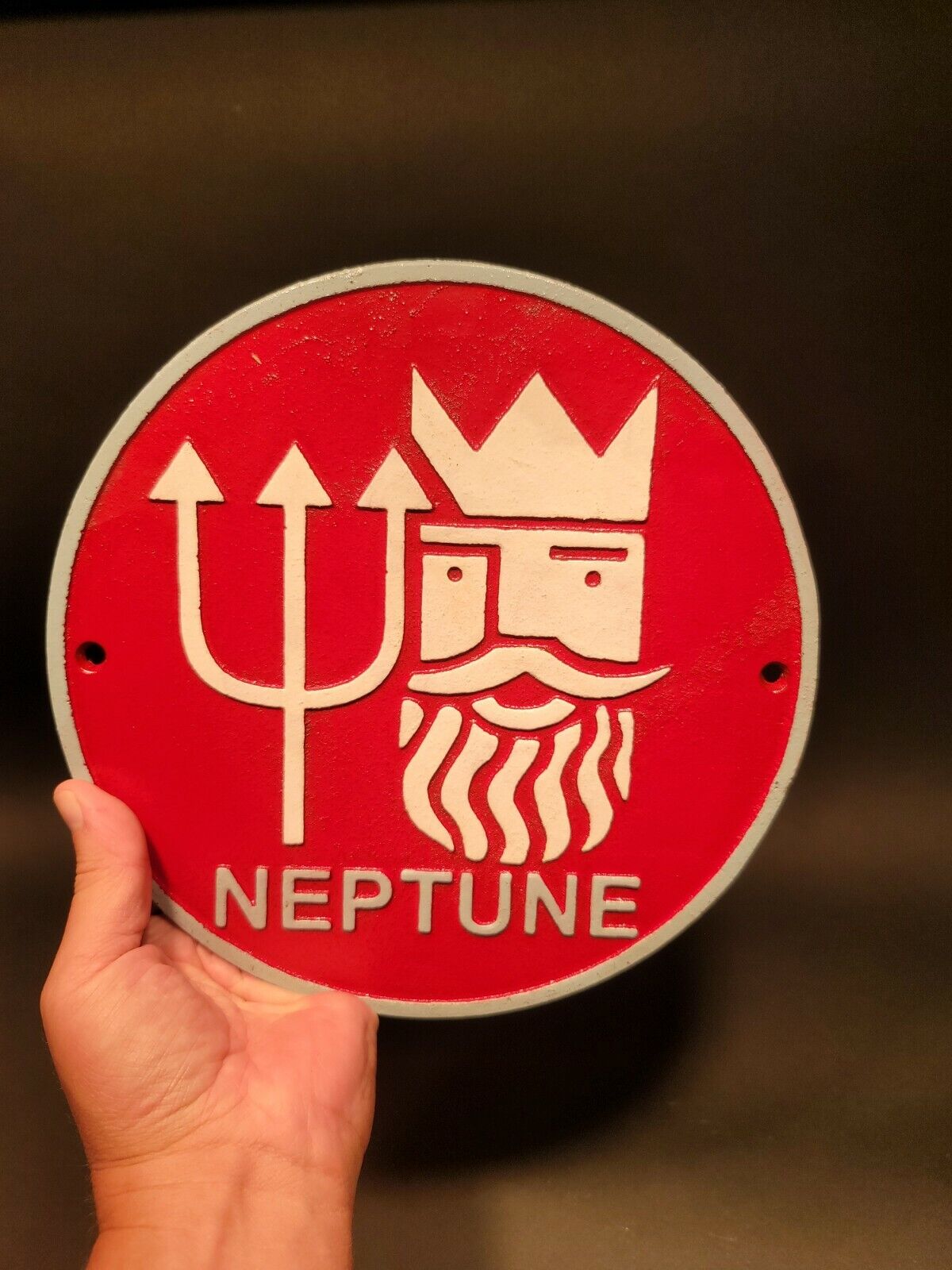 Cast Iron Round Red Neptune Gas Oil Sign Plaque