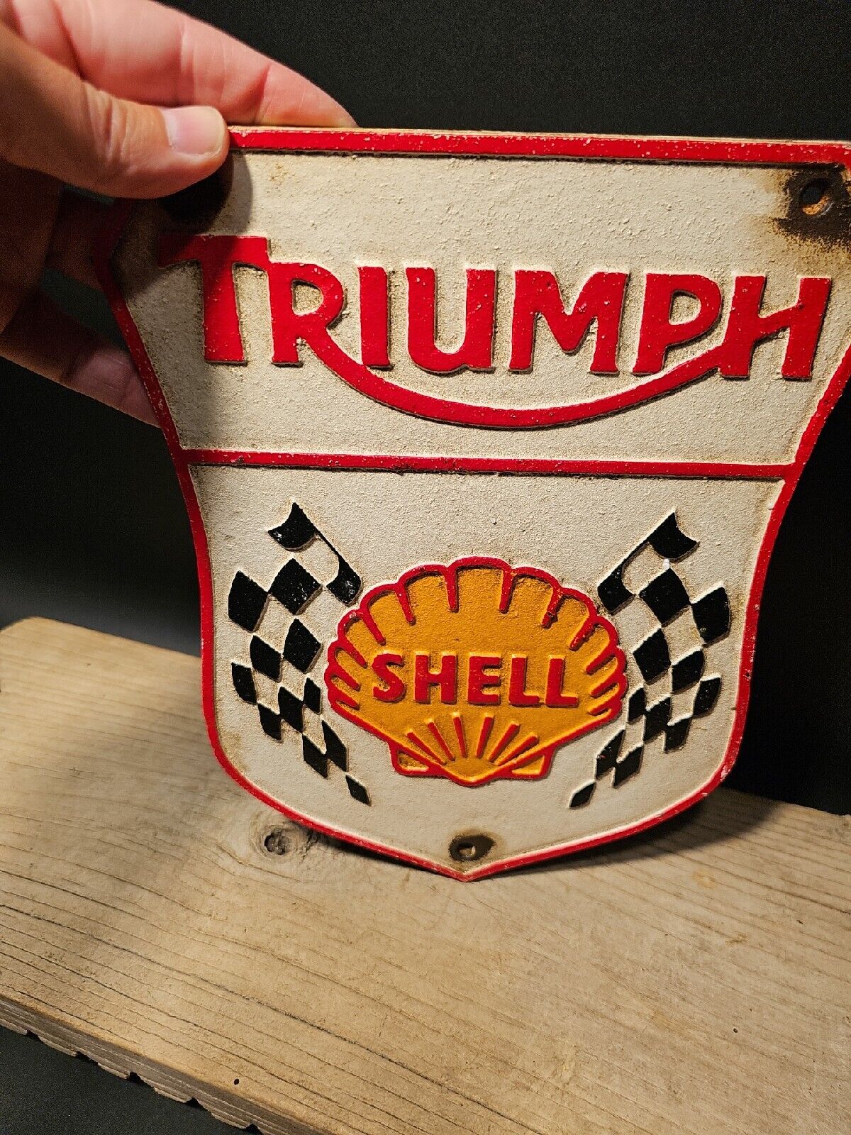Antique Vintage Style Cast Iron Triumph Shell Gas Oil Sign Plaque