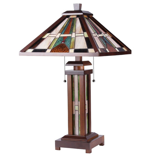25.6 3 light Stained Glass Wood Mission Table Lamp