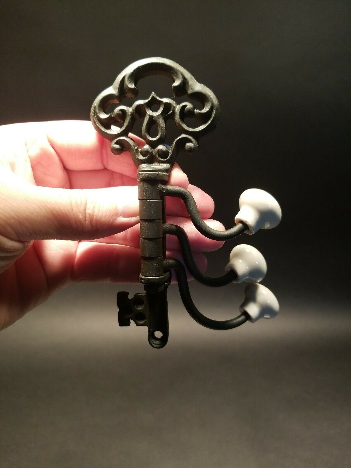 Antique Vintage Style Cast Iron Key Swivel Hook W Porcelain Knobs - Early Home Decor