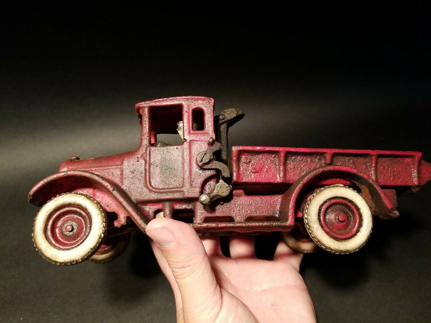 Antique Vintage Style Cast Iron Red Dump Truck Flat bed Car Rubber Wheels