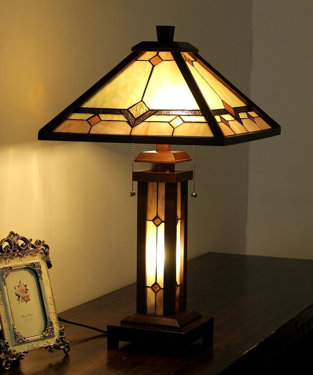 25.6 3 light Stained Glass Wood Mission Table Lamp