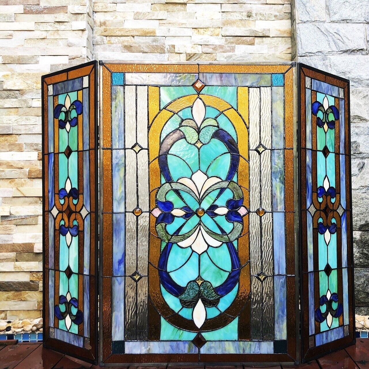 40" Folding Stained Glass Fireplace Screen